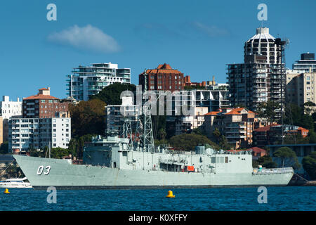 Kriegsschiff HMAS Sydney Garden Island Naval Base, Potts Point, Sydney, Australien. Stockfoto