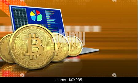 3D-Darstellung der Computer über orange cyber Hintergrund mit bitcoins Zeile Stockfoto