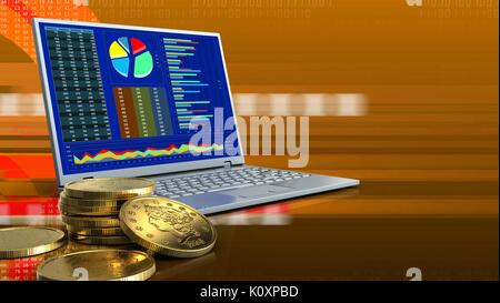 3D-Darstellung der Computer über orange cyber Hintergrund mit goldenen Münzen Stockfoto