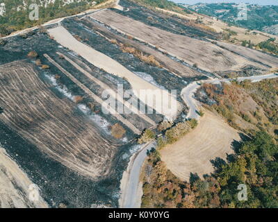 Brandstiftung:, Masse durch die waldbrandschäden verbrannt, verbranntes Feld in Reggio Emilia Hügel, Vedriano, Trinità Stockfoto