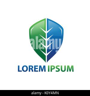 Blatt Shield Logo, halb und halb Blatt, Illustration Design, auf weißem Hintergrund. Stock Vektor