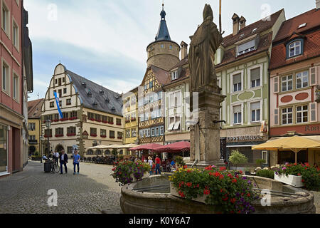 Rathaus auf dem Markt mit den Brunnen und den Turm in Kitzingen, Unterfranken, Bayern, Deutschland Stockfoto