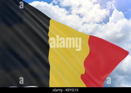 3D-Rendering von Belgien Flagge schwenkten auf blauen Himmel Hintergrund, die zuvor als Südliche Niederlande bekannt, der belgischen Nationalen Tag ist eine festliche Feiertag Stockfoto