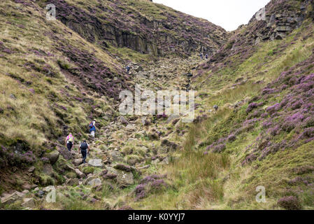 Wanderer den Blick auf die schroffe Landschaft des Grindsbrook Clough in der Nähe von Edale im Peak District National Park, Derbyshire, England. Stockfoto