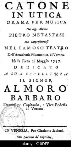 Antonio Vivaldi Catone in Utica titlepage des Librettos Venedig 1737 Stockfoto