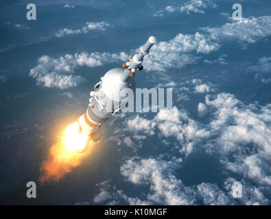 Cargo Carrier Rocket Launch in den Wolken. 3D-Darstellung. Stockfoto