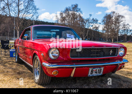 Ford, Mustang, Rot, Klassiker, Oldtimer, Auto, gewaschen, glänzend, leuchtend, Stockfoto