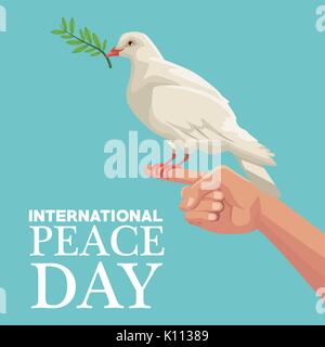 Farbe poster Hand in Hand eine Taube mit Ölzweig im Peak international Frieden Tag Text Stock Vektor