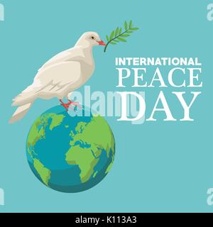 Farbe Plakat Taube fliegen mit dem Olivenzweig im Peak über einer Erde Welt Frieden Tag Text Stock Vektor