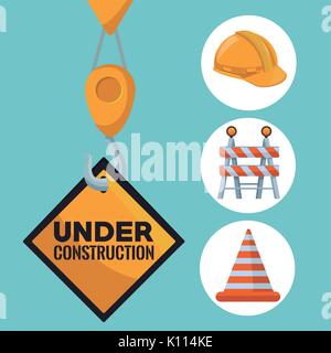Farbe Hintergrund mit kranhaken Holding ein Transit Signal in Rautenform mit im Bau Text und Symbole der Werkzeuge Stock Vektor