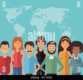 Farbe Hintergrund mit Karte Silhouette der Welt mit halben Körper Gruppe Menschen Stock Vektor