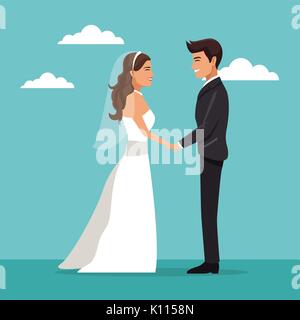 Farbe himmel landschaft Hintergrund mit Brautpaar Hand in Hand Stock Vektor