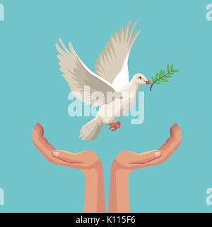Farbe Plakat Taube fliegen mit dem Olivenzweig im Peak und Hände halten Vector Illustration Stock Vektor