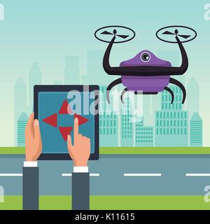 Himmel Landschaft mit Gebäuden und Straßen Szene mit Menschen griff Fernbedienung mit lila Roboter drone mit zwei luftschraube Fliegen Stock Vektor