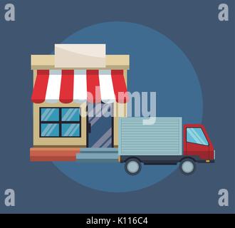 Farbe blau Hintergrund mit Fassade store Markise und Lieferwagen Stock Vektor