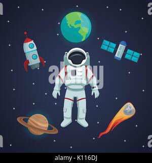 Farbe Landschaft Sternenhimmel Hintergrund mit Symbolen im Weltraum und Planeten Stock Vektor