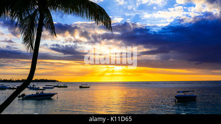 Tropisches Paradies über Sonnenuntergang, Mauritius Insel. Stockfoto