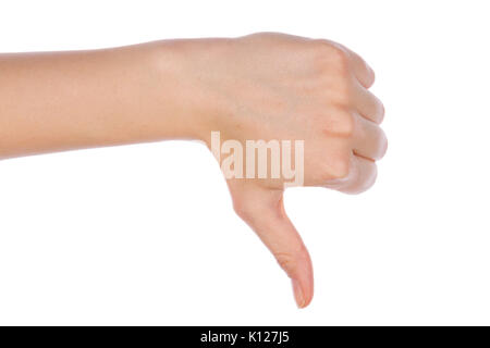 Mädchen Hand, Daumen nach unten Ausfall Handzeichen Geste. Gesten und Zeichen. Körpersprache auf weißem Hintergrund. Stockfoto