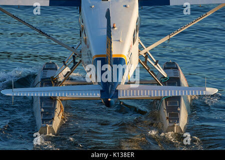 Nahaufnahme abstrakten Foto der Harbour Air Wasserflugzeuge de Havilland beaver Wasserflugzeug vom Vancouver Harbour Flight Center, bc Rollen, Kanada. Stockfoto