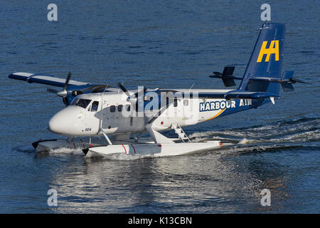 Harbour Air Wasserflugzeuge de Havilland Canada Twin Otter Wasserflugzeug, über den Hafen von Vancouver das Rollen auf den Vancouver Hafen Flight Centre, Kanada Stockfoto