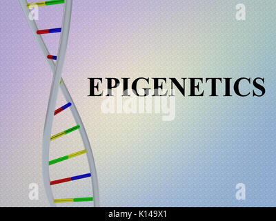 3D-Darstellung der "Epigenetik" Script mit DNA-Doppelhelix, auf farbige Muster isoliert. Stockfoto