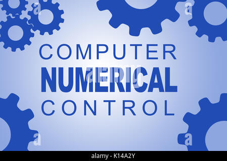 COMPUTER Numerical Control zeichen Konzept Abbildung mit blauen Zahnrad Figuren auf hellblauem Hintergrund Stockfoto