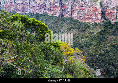 Blick vom Lake Eland Game Reserve von grünen Bäumen, Felsen Berge und Täler gegen den blauen bewölkten Himmel Landschaft bei Oribi Gorge in Südafrika Stockfoto