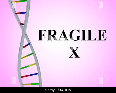 3D-Darstellung der "Fragile X' Skript mit DNA-Doppelhelix, Farbverlauf rot, isoliert. Stockfoto