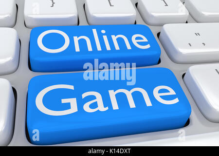 3D-Abbildung der Tastatur mit dem Script 'Online Game' auf zwei benachbarte blass blauen Tasten Stockfoto