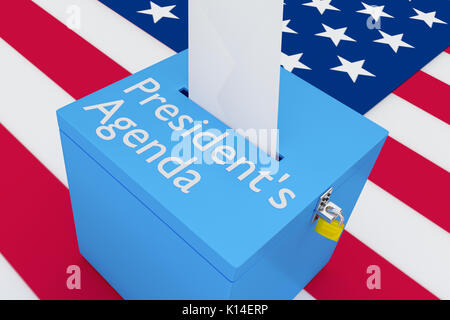 3D-Darstellung der "President's Agenda" Skript auf einer Urne, mit US-Flagge als Hintergrund. Stockfoto