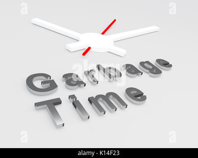 3D-Darstellung der Garbage Time"-Titel mit einer Uhr als Hintergrund Stockfoto