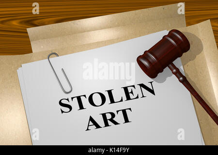 3D-Illustration GESTOHLENES KUNST" Titel auf rechtliches Dokument Stockfoto