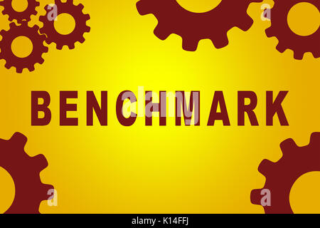 BENCHMARK sign Konzept Abbildung mit roten Zahnrad Zahlen auf gelbem Hintergrund Stockfoto