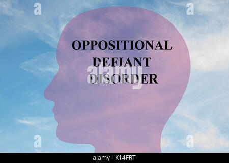 Render Abbildung: "Oppositional defiant disorder" Titel auf dem Kopf silhouette, mit bewölktem Himmel als Hintergrund. Stockfoto