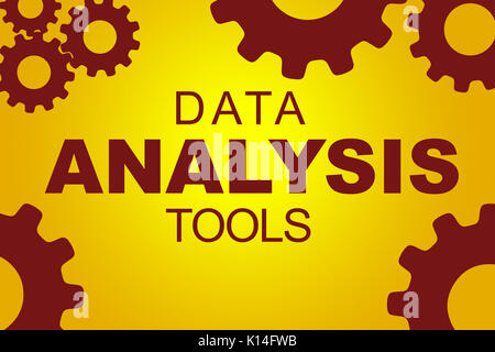 Tools zur Datenanalyse sign Konzept Abbildung mit roten Zahnrad Zahlen auf gelbem Hintergrund Stockfoto