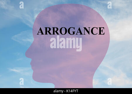 Render Abbildung: "ARROGANZ" Titel auf dem Kopf silhouette, mit bewölktem Himmel als Hintergrund. Stockfoto