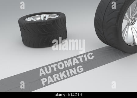 3D-Darstellung der "automatischen" Titel mit zwei Reifen als Hintergrund Stockfoto
