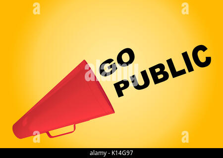 3D-Darstellung der "GO PUBLIC" Titel aus einem Lautsprecher Stockfoto