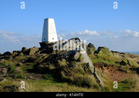 Alte Triangulation Punkt auf der Kakerlaken, Peak District National Park, Staffordshire, England Stockfoto