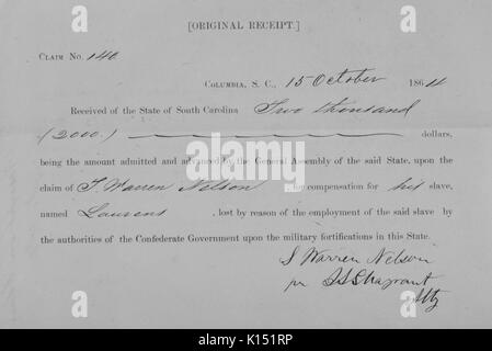 Die Originalrechnung für $2, 000 Entschädigung durch L Warren Nelson für den Tod seiner Slave gewonnen Laurens während im Militär für die konföderierten Regierung, Columbia, South Carolina, 1864. Von der New York Public Library. Stockfoto