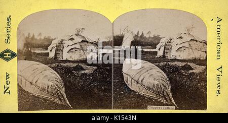 Stereographische Karte, neue Serie American Views markiert, mit der Darstellung eines Chippewa Wigwam aus Birkenrinde im Hintergrund gemacht und ein Umgeworfen Birkenrinde Kanu im Vordergrund, Saint Paul, Minnesota, 1880. Stockfoto