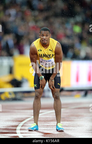 Yohan Blake (Jamaika) erschöpft nach konkurrierenden der Männer 200m Halbfinale 2 2017, Leichtathletik-WM, Queen Elizabeth Olympic Park, Stratford, London, UK. Stockfoto