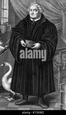 Martin Luther, wichtige Figur in der Protestantischen Reformation, Porträt Gravur stehen seine Studie, die ein Buch, mit Gans, 1500. Von der New York Public Library. Stockfoto