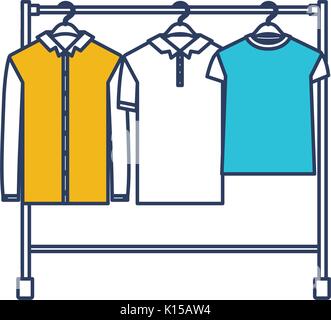 Farbe blau und gelb Abschnitte Silhouette der männlichen Wäscheständer mit Shirts, kurze und lange Ärmel Stock Vektor