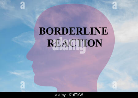 Render Abbildung: "BORDERLINE REAKTION" Titel auf dem Kopf silhouette, mit bewölktem Himmel als Hintergrund. Stockfoto