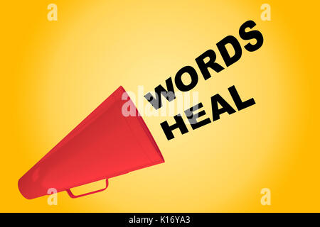 3D-Darstellung der 'WORTE HEILEN" Titel aus einem Lautsprecher. So bald wie möglich. Stockfoto