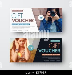 Vektor eine Vorlage für ein Geschenk schwarz und weiß Gutschein mit diagonalen Linien und ein Platz für ein Foto. Universal Card Design für Werbung, Business, Hg Stock Vektor