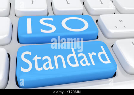 3D-Abbildung der Tastatur mit dem Skript "ISO-Norm" auf zwei benachbarte blass blauen Tasten Stockfoto