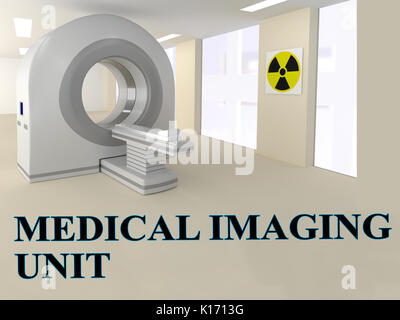 3D-Darstellung der 'MEDIZINISCHE IMAGING UNIT" Titel mit CT-Scanner als Hintergrund. Stockfoto