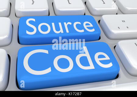 3D-Darstellung der Computer Tastatur mit Source Code des Skripts "auf zwei benachbarte blass blauen Tasten Stockfoto